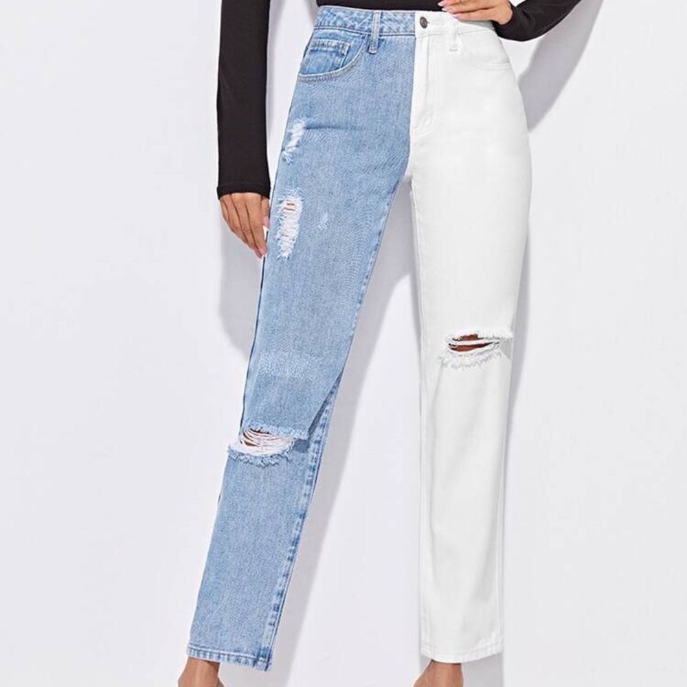 Two-Tone Light Blue & White Straight Leg Jeans - Women